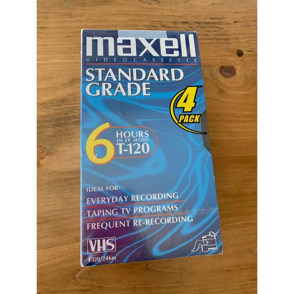 Maxell 6 Hour T-120 4 Pack Blank Standard Grade VHS Tapes Factory Sealed - Picture 2 of 7